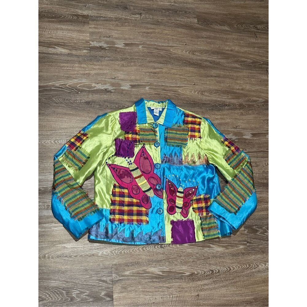 Minnie’s closet art to wear silk jacket L colorful butterfly patchwork